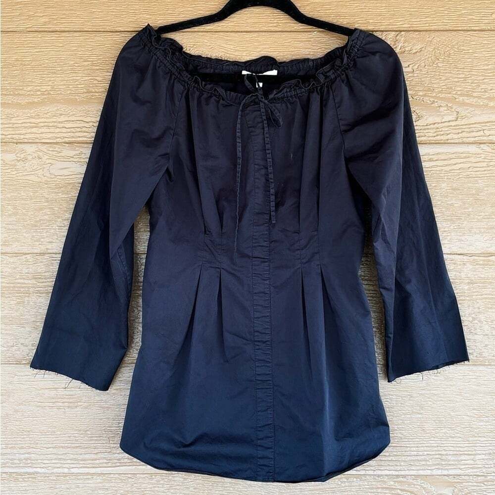Tibi Black Off-Shoulder Ruffle Tie 100% Cotton Blouse Sz 2